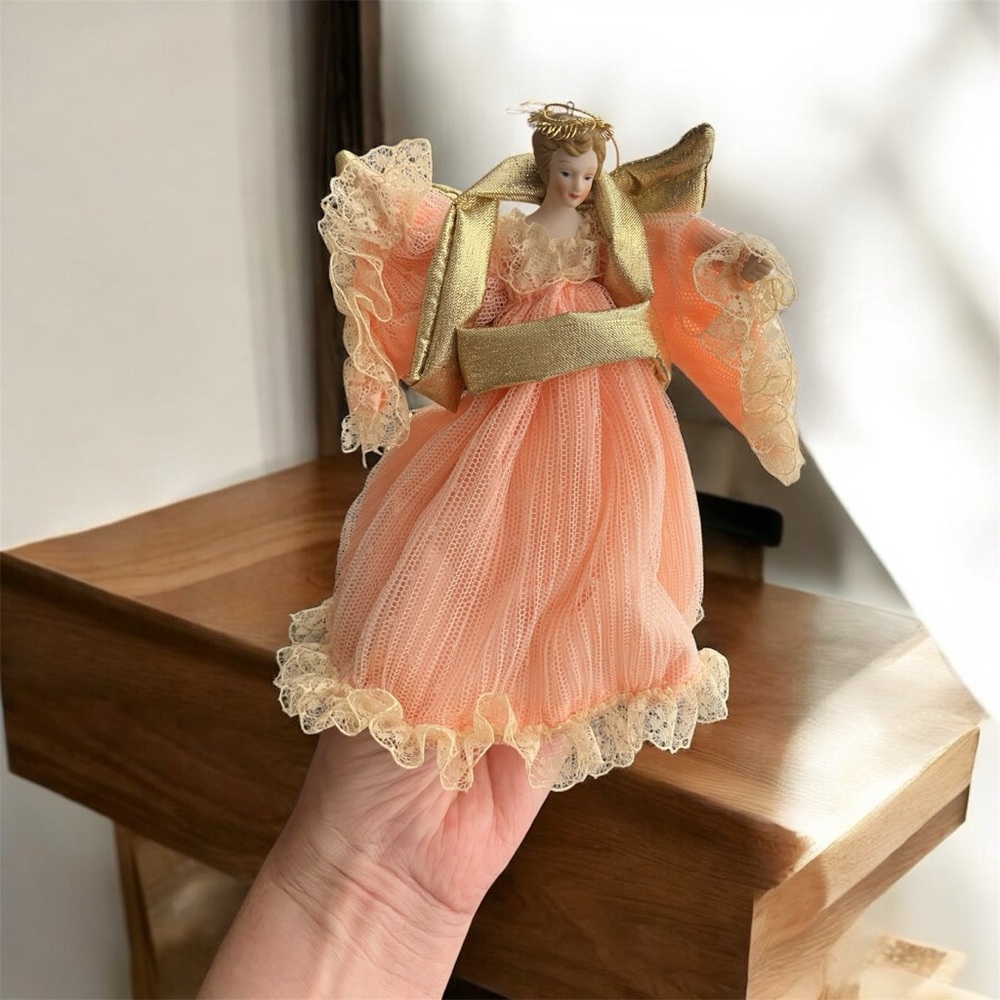 Vintage Angel Tree Topper Ornament with Gold and Peach Dress Christmas Religious